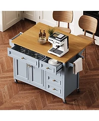 Casainc 52" Rolling Kitchen Island with Drop Leaf, Spice Rack, Towel 2 Doors, 5 Drawers, Adjustable Shelf (No Stools)