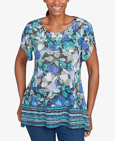Ruby Rd. Petite Floral Striped Border Flutter Sleeve Top