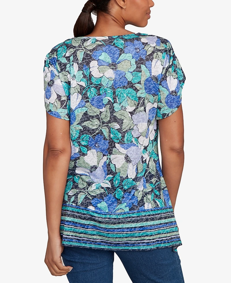 Ruby Rd. Petite Floral Striped Border Flutter Sleeve Top