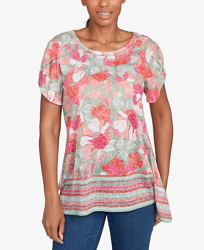 Ruby Rd. Petite Floral Striped Border Flutter Sleeve Top
