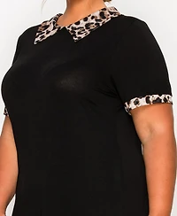 Coin 1804 Plus Leopard Print Mesh Collar Keyhole Back Short Sleeve Top