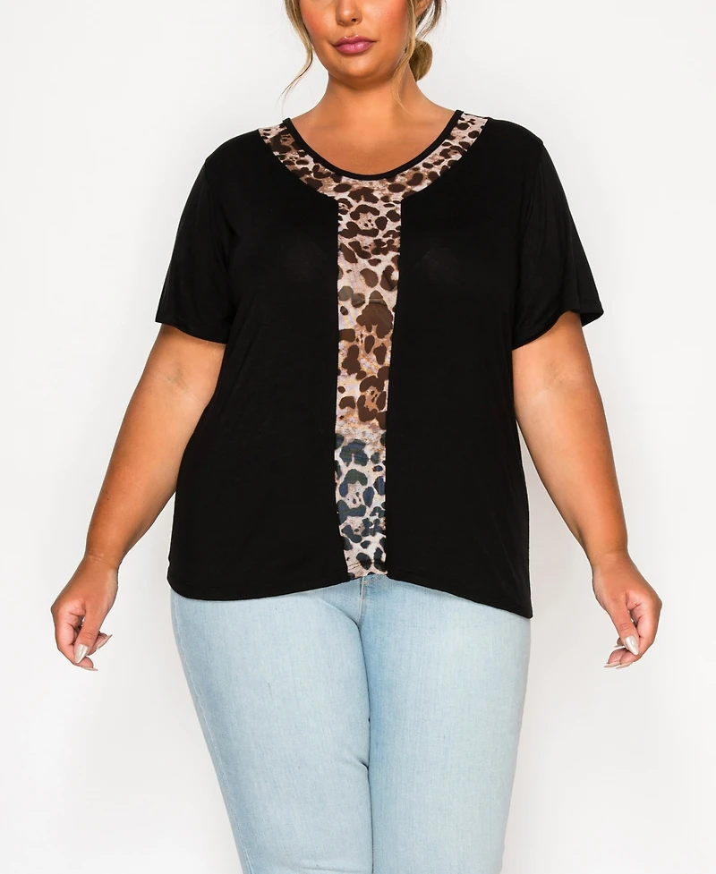 Coin 1804 Plus Leopard Print Mesh Inset Short Sleeve Top