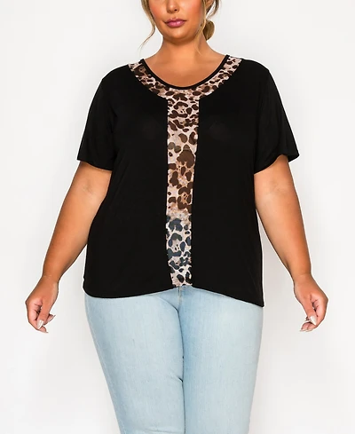 Coin 1804 Plus Leopard Print Mesh Inset Short Sleeve Top