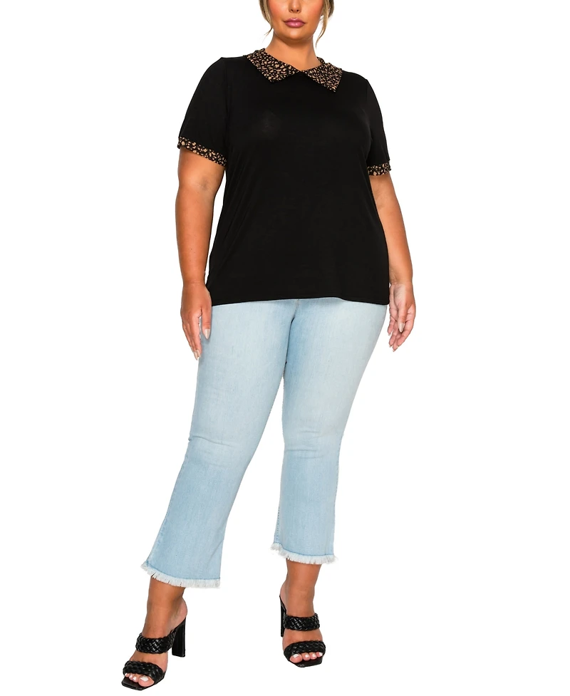 Coin 1804 Plus Size Pebble Mesh Collar Keyhole Back Short Sleeve Top