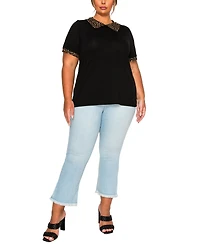 Coin 1804 Plus Size Pebble Mesh Collar Keyhole Back Short Sleeve Top