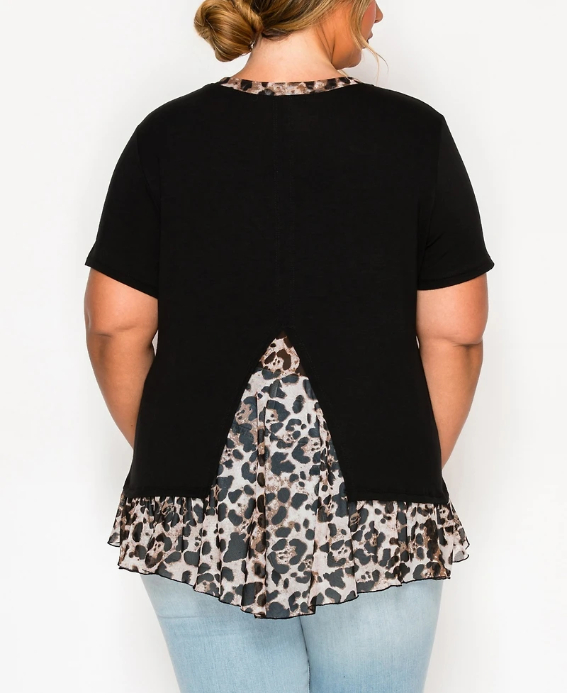 Coin 1804 Plus Leopard Print Mesh Pleat Back Short Sleeve Top