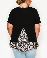 Coin 1804 Plus Leopard Print Mesh Pleat Back Short Sleeve Top