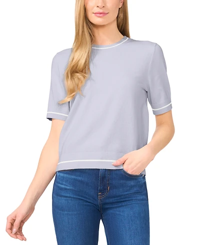 CeCe Women's Cotton Contrast-Stripe Short-Sleeve Sweater