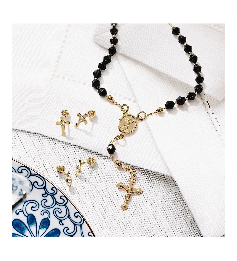 Bling Jewelry Christian Rosary-Bead Bracelet Black Beads Virgin Mary Crucifix 18K Gold 7-7.5 Inch