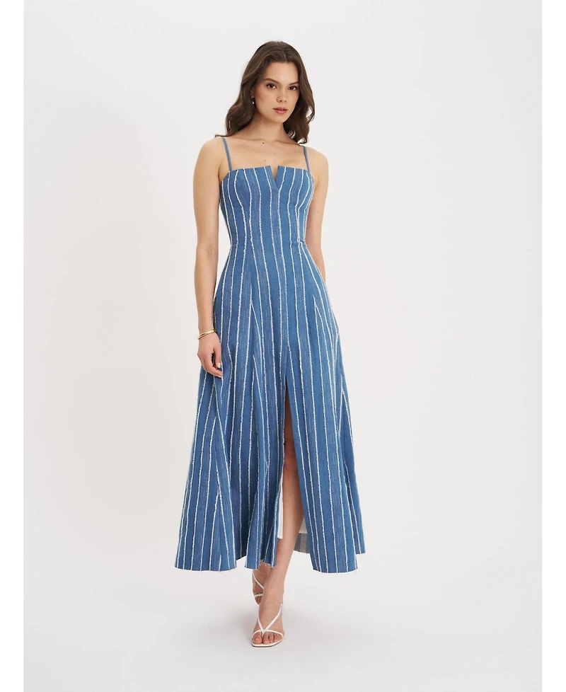 Miss Circle Women's Abygail Stripe Cotton Denim Maxi Dress