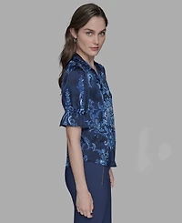 Karl Lagerfeld Paris Petite Printed Puff-Sleeve Button-Front Shirt