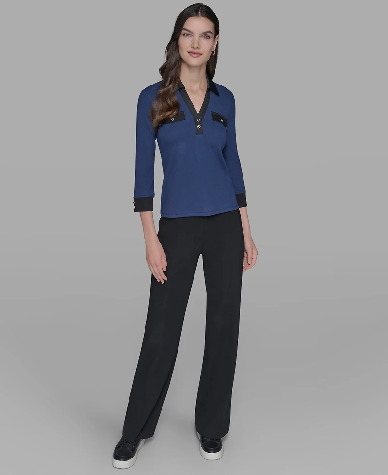 Karl Lagerfeld Paris Petite Collared V-Neck Rib-Knit Top