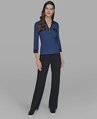 Karl Lagerfeld Paris Petite Collared V-Neck Rib-Knit Top