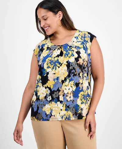 Kasper Plus Sleeveless Pleat-Neck Blouse