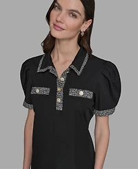 Karl Lagerfeld Paris Petite Tweed-Trim Knit Top