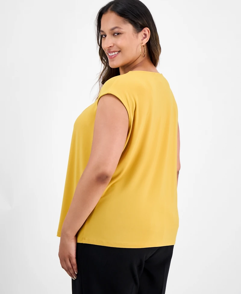 Kasper Plus Pleated-Neck Sleeveless Top