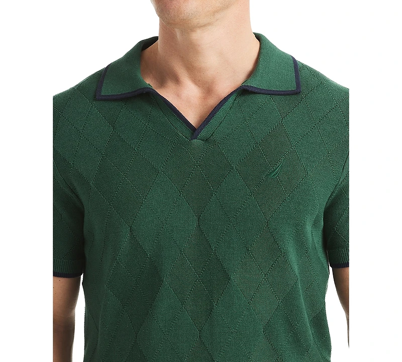 Nautica Men's Short Sleeve Textured Argyle Polo Sweater