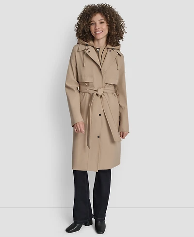 Dkny Women's Hooded Bibbed Belted Trench Coat