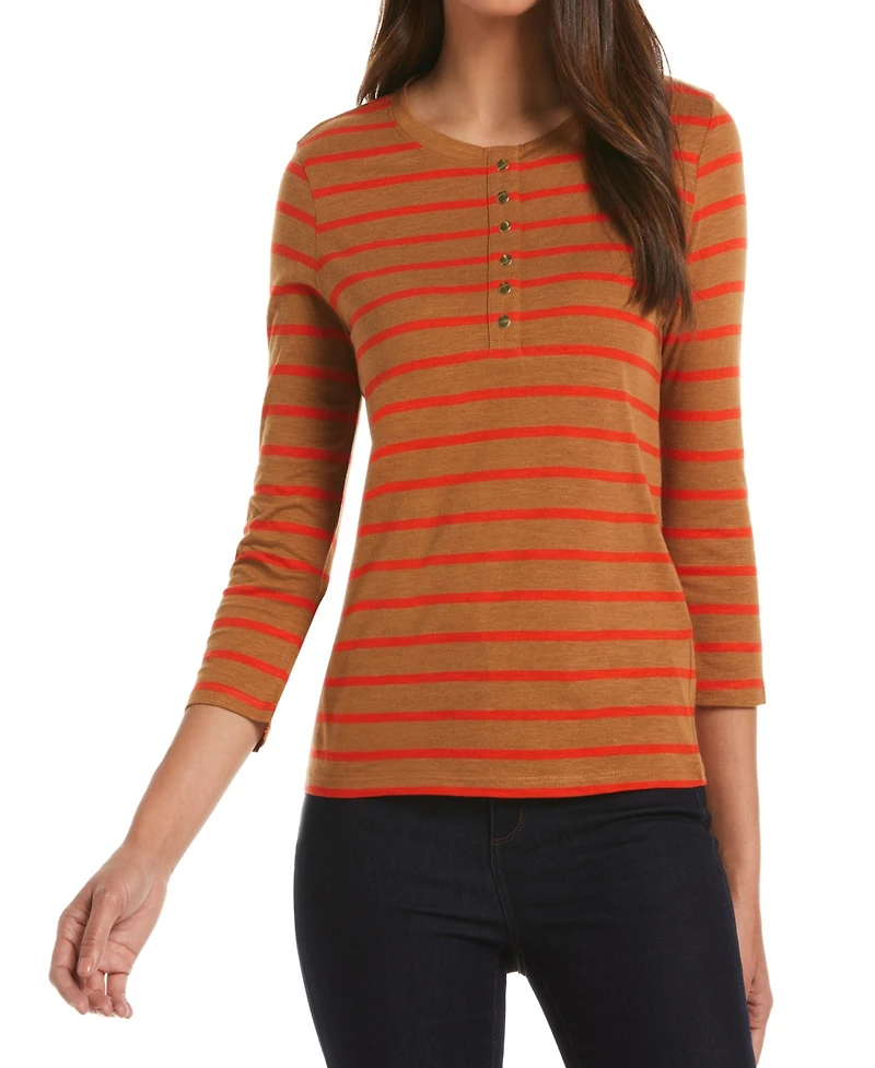 Ella Rafaella Petite Cotton Knit 3/4 Sleeve Henley Top