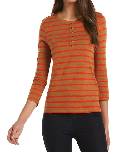 Ella Rafaella Petite Cotton Knit 3/4 Sleeve Henley Top