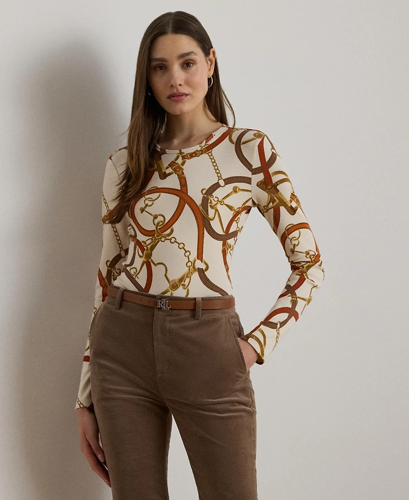 Lauren Ralph Women's Belting-Print Cotton Long-Sleeve Tee