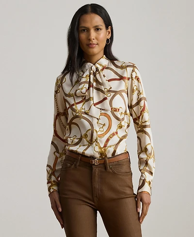 Lauren Ralph Women's Classic-Fit Print Twill Tie-Neck Shirt