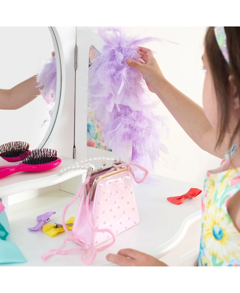 Guidecraft Kids' Vanity and Stool Set - White: Little Girls Pretend Play Princess Desk and Chair, Makeup Mirror with Storage Drawer