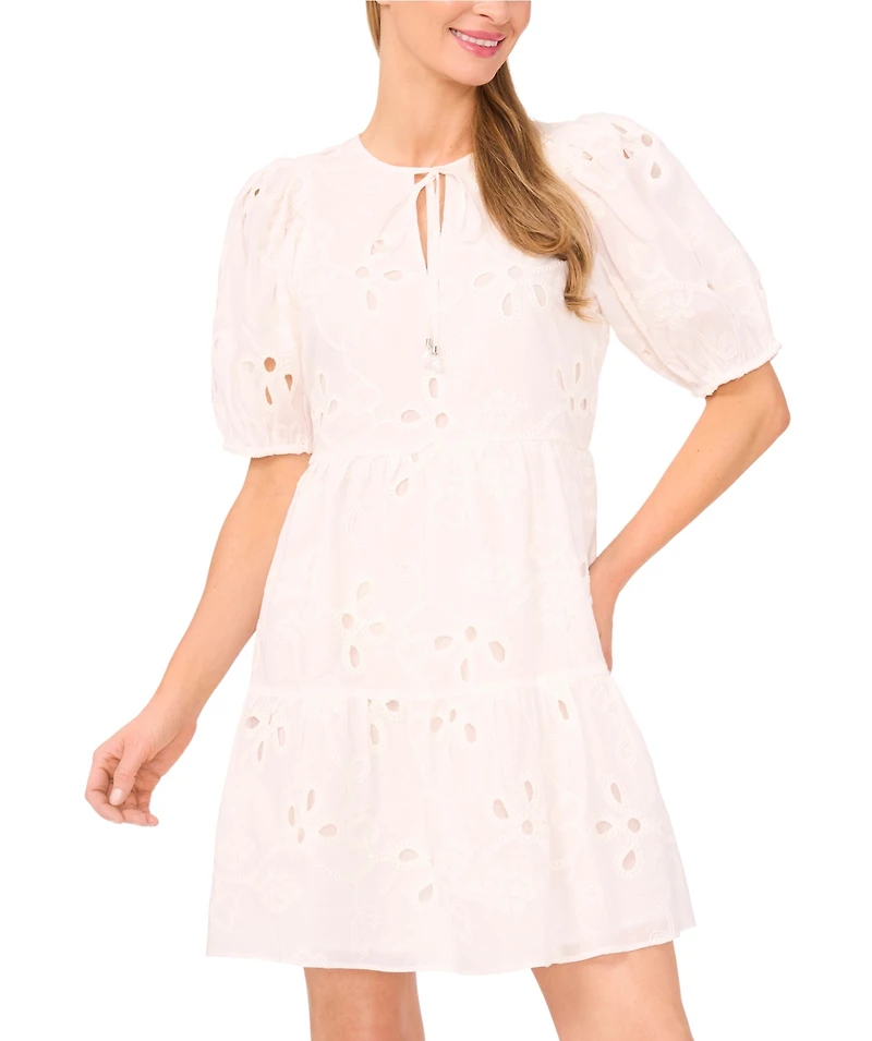 CeCe Women's Tie-Neck Embroidered Tiered Short-Sleeve Dress