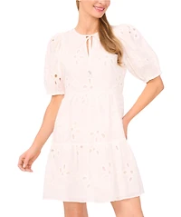 CeCe Women's Tie-Neck Embroidered Tiered Short-Sleeve Dress