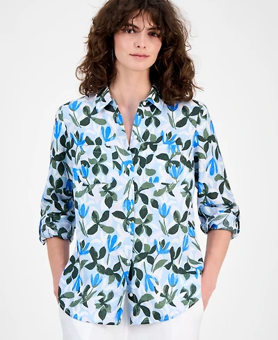 Charter Club Women's Floral-Print Roll-Tab 100% Linen Shirt, Macy's Exclusive
