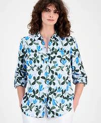 Charter Club Women's Floral-Print Roll-Tab 100% Linen Shirt, Macy's Exclusive