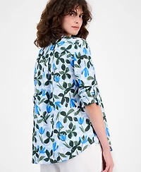 Charter Club Women's Floral-Print Roll-Tab 100% Linen Shirt, Macy's Exclusive