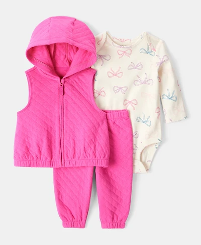 Carter's Baby Girls Bow-Print Bodysuit, Quilted Vest & Pants, 3 Piece Set