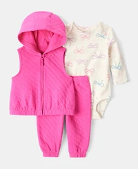 Carter's Baby Girls Bow-Print Bodysuit, Quilted Vest & Pants, 3 Piece Set