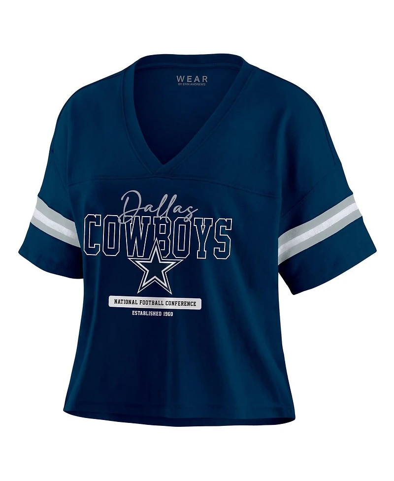Wear by Erin Andrews Women's Navy Dallas Cowboys Color Block Boxy Modest Crop V-Neck T-Shirt
