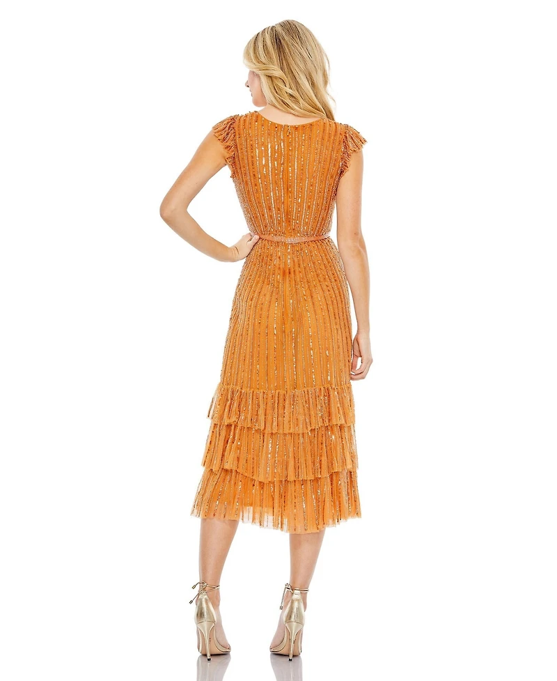 Mac Duggal Women's Sequined Wrap Over Cap Sleeve Ruffle Hem Dress