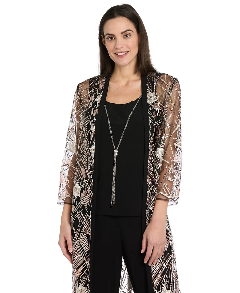 R & M Richards Women's Embellished Sheer Long Jacket, Sleeveless Top and Pants Set