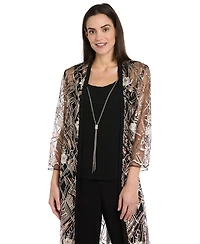 R & M Richards Women's Embellished Sheer Long Jacket, Sleeveless Top and Pants Set
