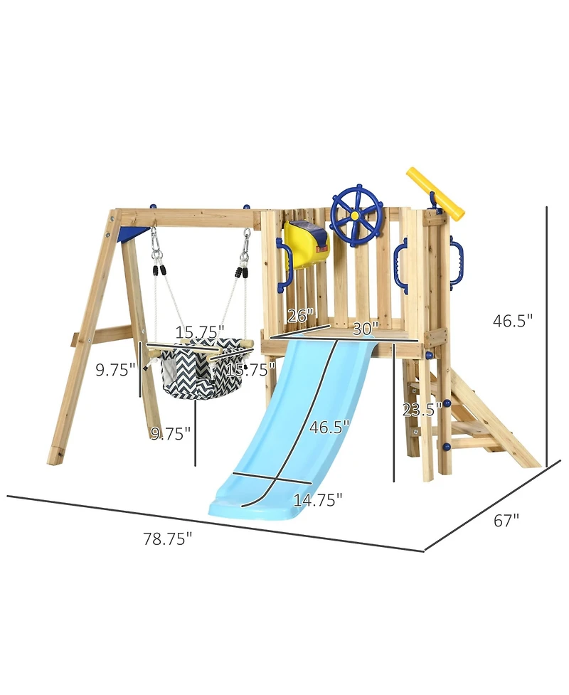 Outsunny 3 in 1 Wooden Outdoor Playset with Baby Swing Seat, Toddler Slide, Captain's Wheel, Telescope, Backyard Playground Set, Kids Playground Equip