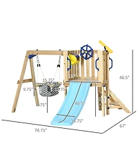 Outsunny 3 in 1 Wooden Outdoor Playset with Baby Swing Seat, Toddler Slide, Captain's Wheel, Telescope, Backyard Playground Set, Kids Playground Equip