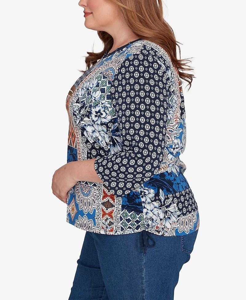 Alfred Dunner Plus Batik Patchwork Drawstring Closure Top