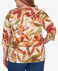 Alfred Dunner Plus Leaf Pleated Crew Neck Top