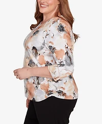 Alfred Dunner Plus Watercolor Floral Gathered Sides Crew Neck Top