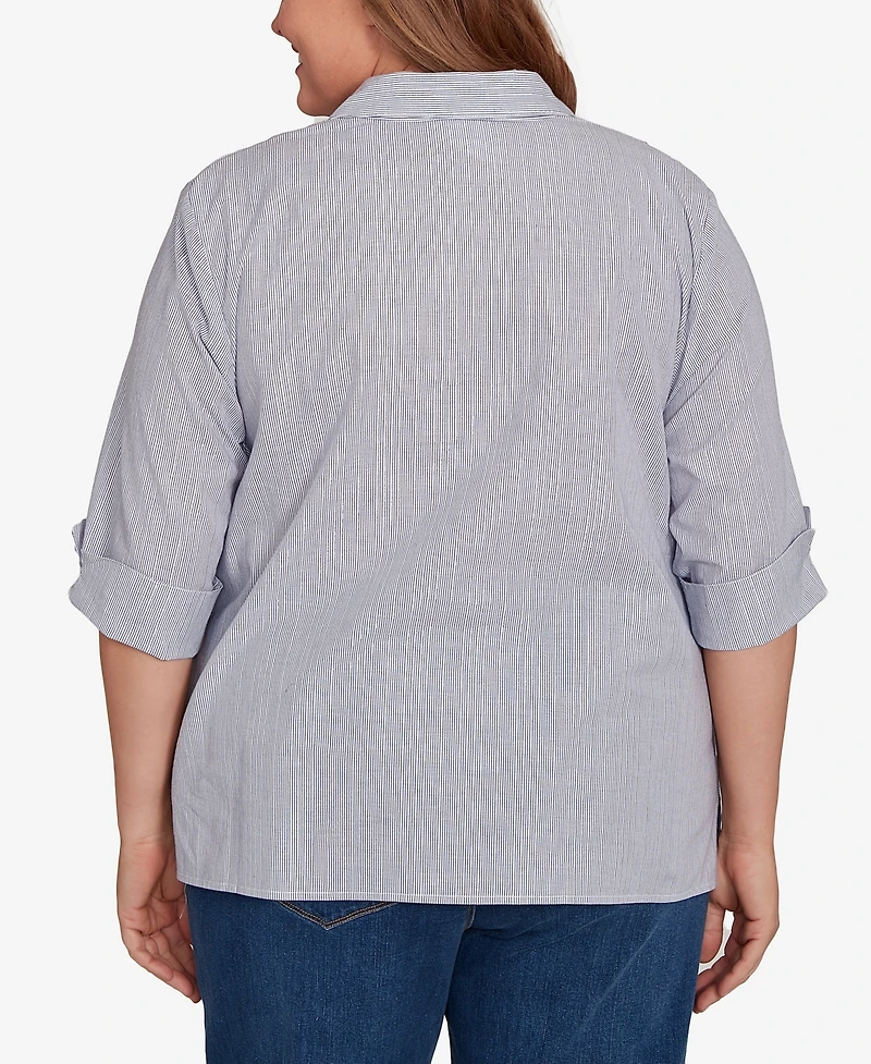 Alfred Dunner Plus Classic Diagonal Floral Metallic Stripe Button Front Top