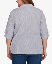 Alfred Dunner Plus Classic Diagonal Floral Metallic Stripe Button Front Top