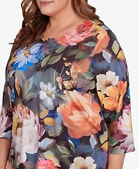 Alfred Dunner Plus Classic Dramatic Floral Lace Neck Top