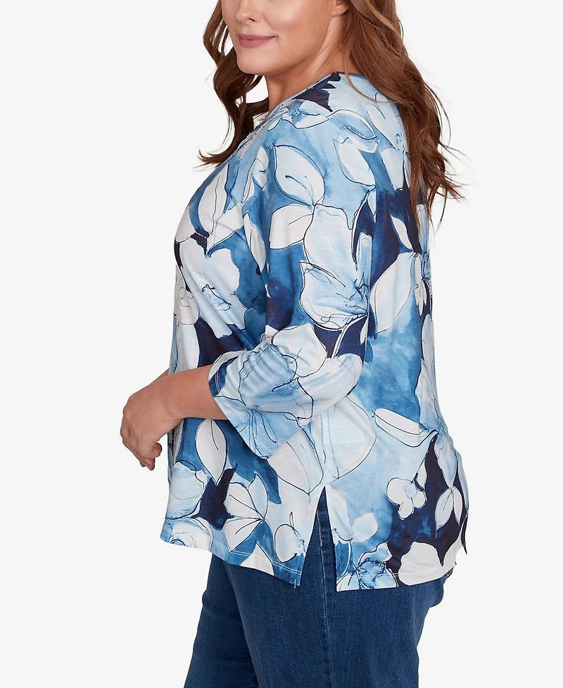 Alfred Dunner Plus Classic Monotone Floral Embellished Top