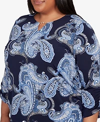 Alfred Dunner Plus Classic Puff Print Paisley Gold Foil Keyholeneck Top