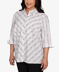 Alfred Dunner Plus Classic Mitered Textured Stripe Button Front Top