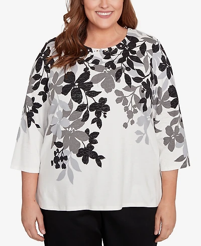 Alfred Dunner Plus Classic Shadow Leaf Three Quarter Sleeve Top